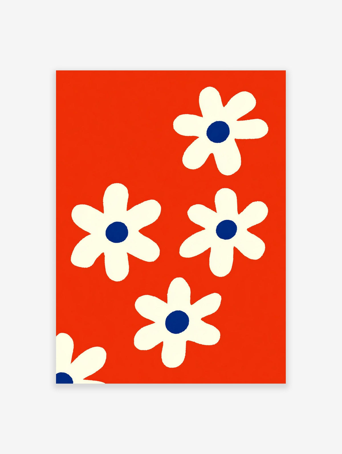 Retro flower wall art print with white petals and blue centres on a bold red background
