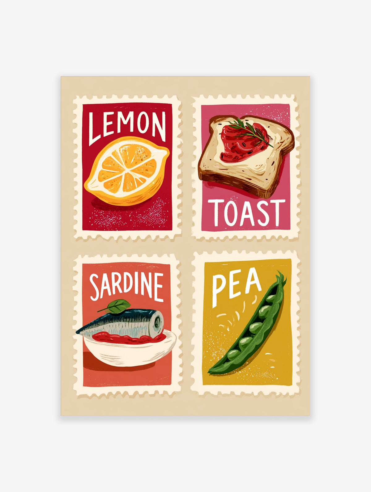 Retro food stamp poster with lemon, toast, sardine and pea illustrations on red, pink and yellow blocks