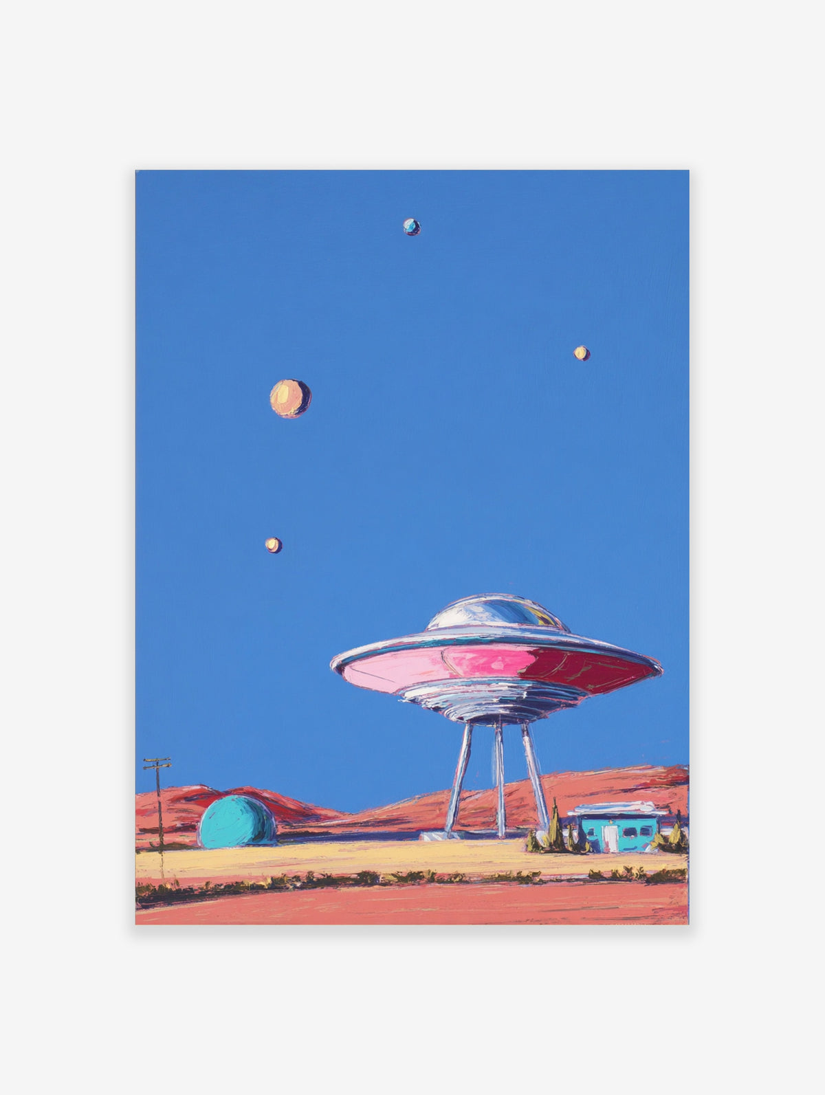 Retro futurist UFO art print of a pink flying saucer on tripod legs in a desert with blue sky