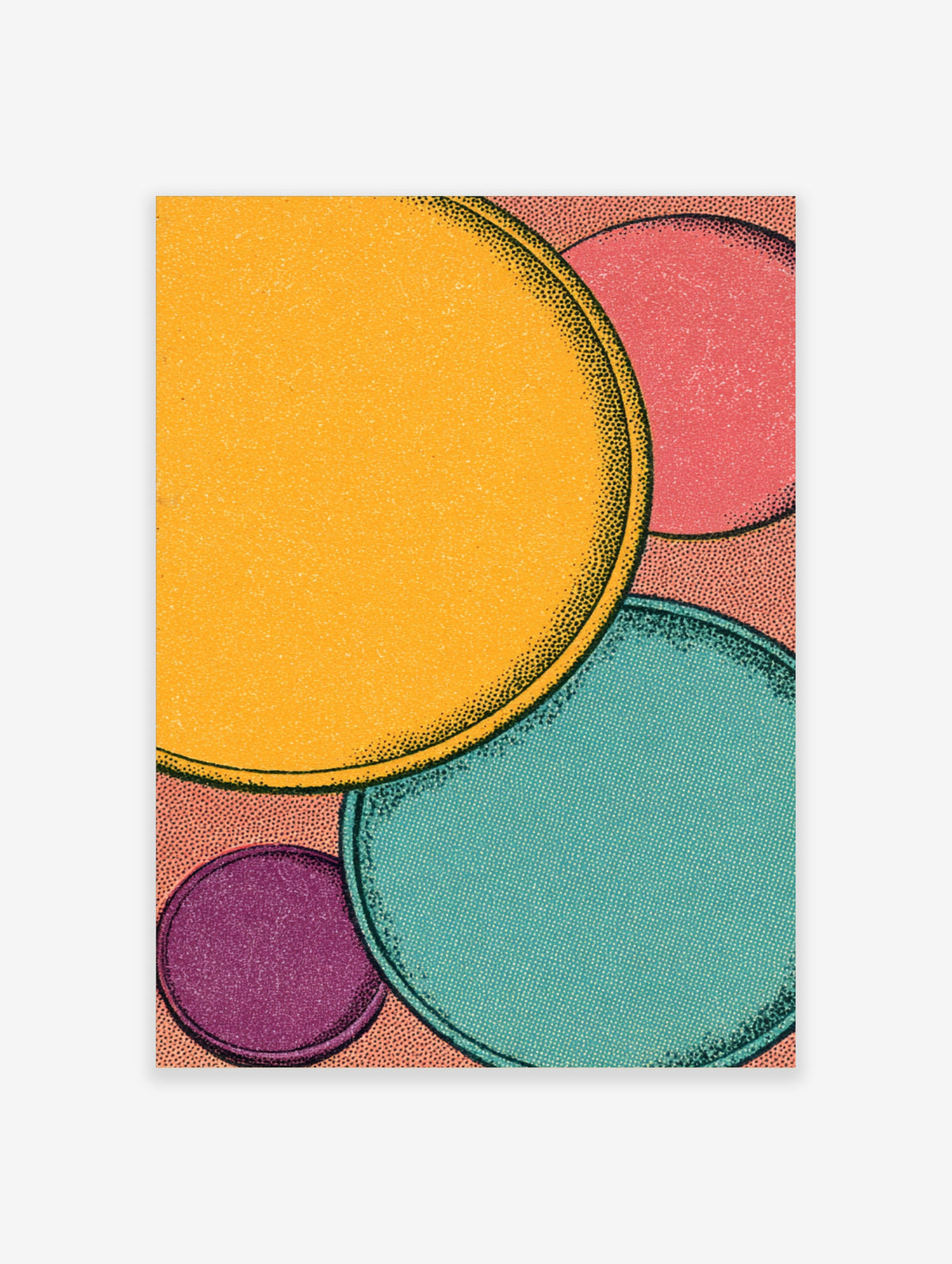 Retro geometric circles poster with yellow, teal, pink and purple overlapping shapes and halftone texture