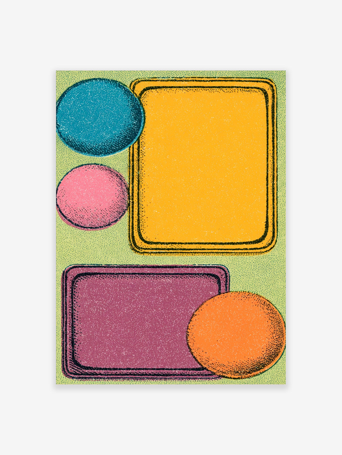 Retro geometric poster with teal, pink, orange circles and yellow, purple rectangles on green stippled background