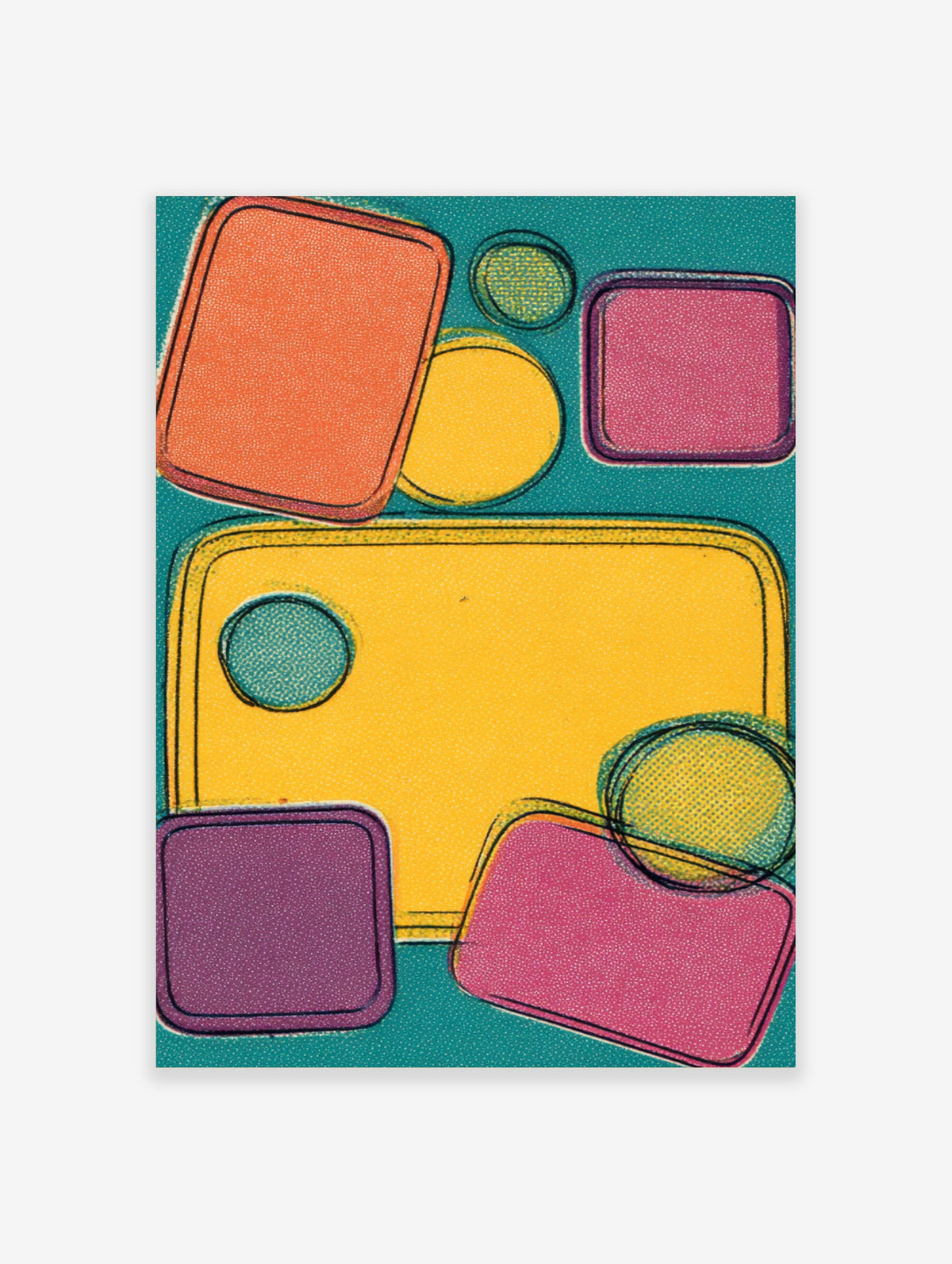 Retro geometric abstract poster with orange, yellow, pink and purple rounded shapes on teal background