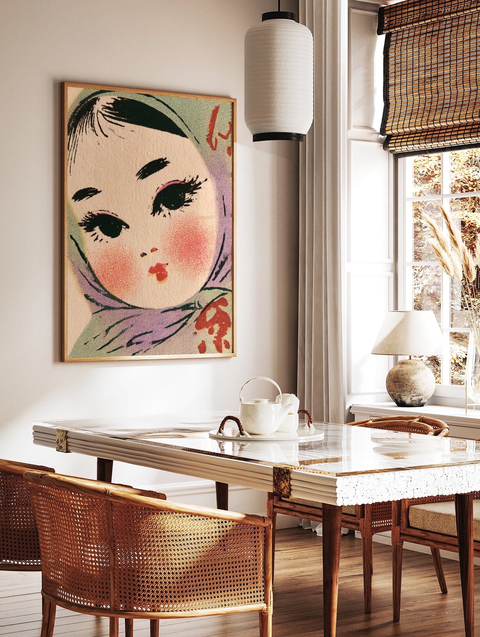 Retro illustration of a girl wearing a teal headscarf with blushed cheeks and red lips, vintage, in a styled room mockup