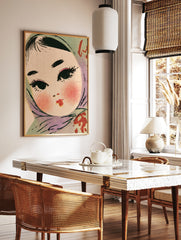 Retro illustration of a girl wearing a teal headscarf with blushed cheeks and red lips, vintage, in a styled room mockup