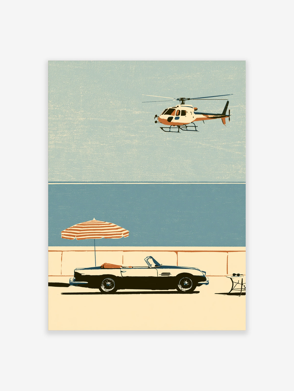 Retro travel poster of a helicopter above a beach with a convertible car and striped parasol