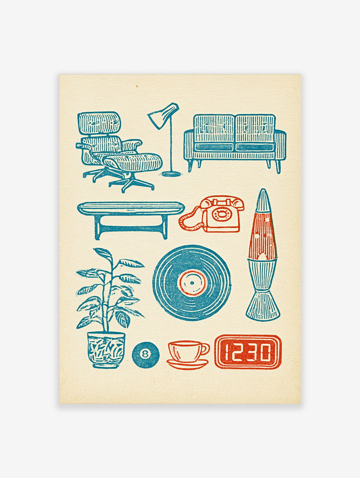 Retro home decor poster with mid-century furniture, rotary phone, vinyl record, lava lamp, and plant in blue and orange