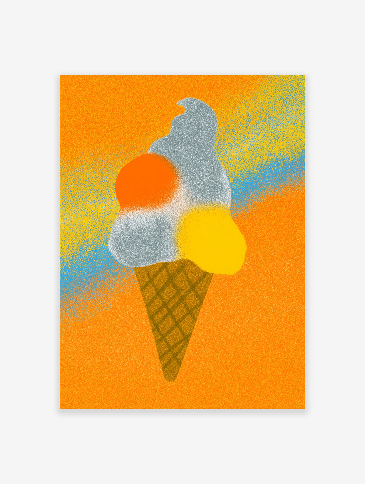 Retro ice cream poster with grey swirl, orange and yellow scoops, and waffle cone on speckled orange background