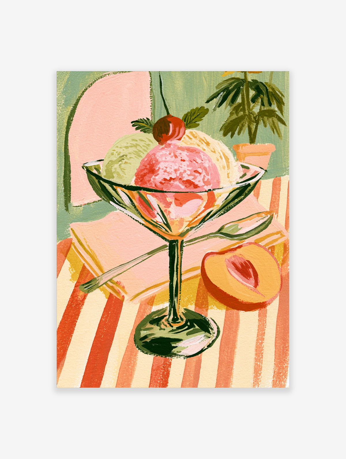 Retro ice cream poster with pink gelato, cherry, peach and striped tablecloth