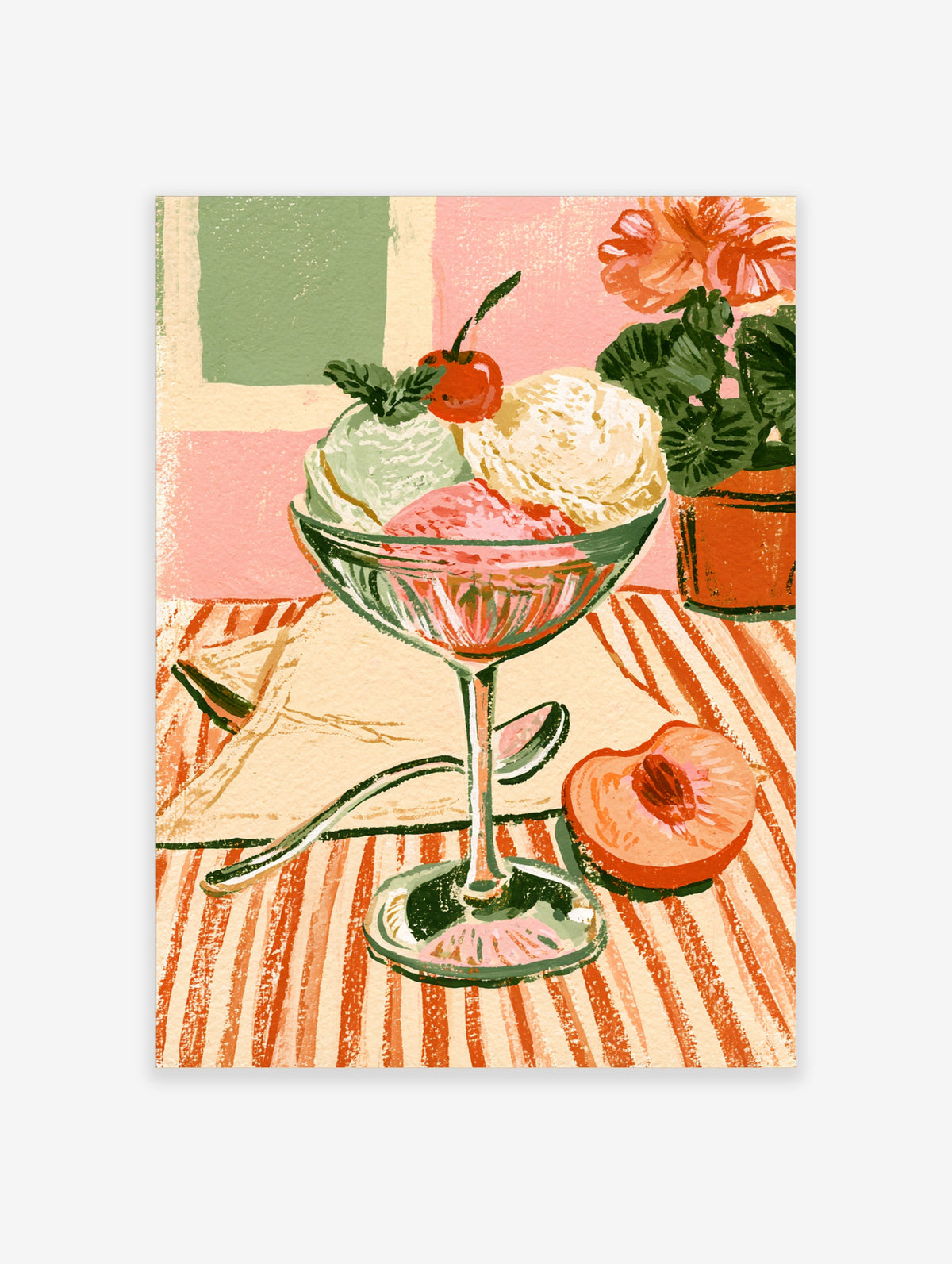 Retro ice cream poster with three scoops in a glass coupe, cherry, peach and striped tablecloth