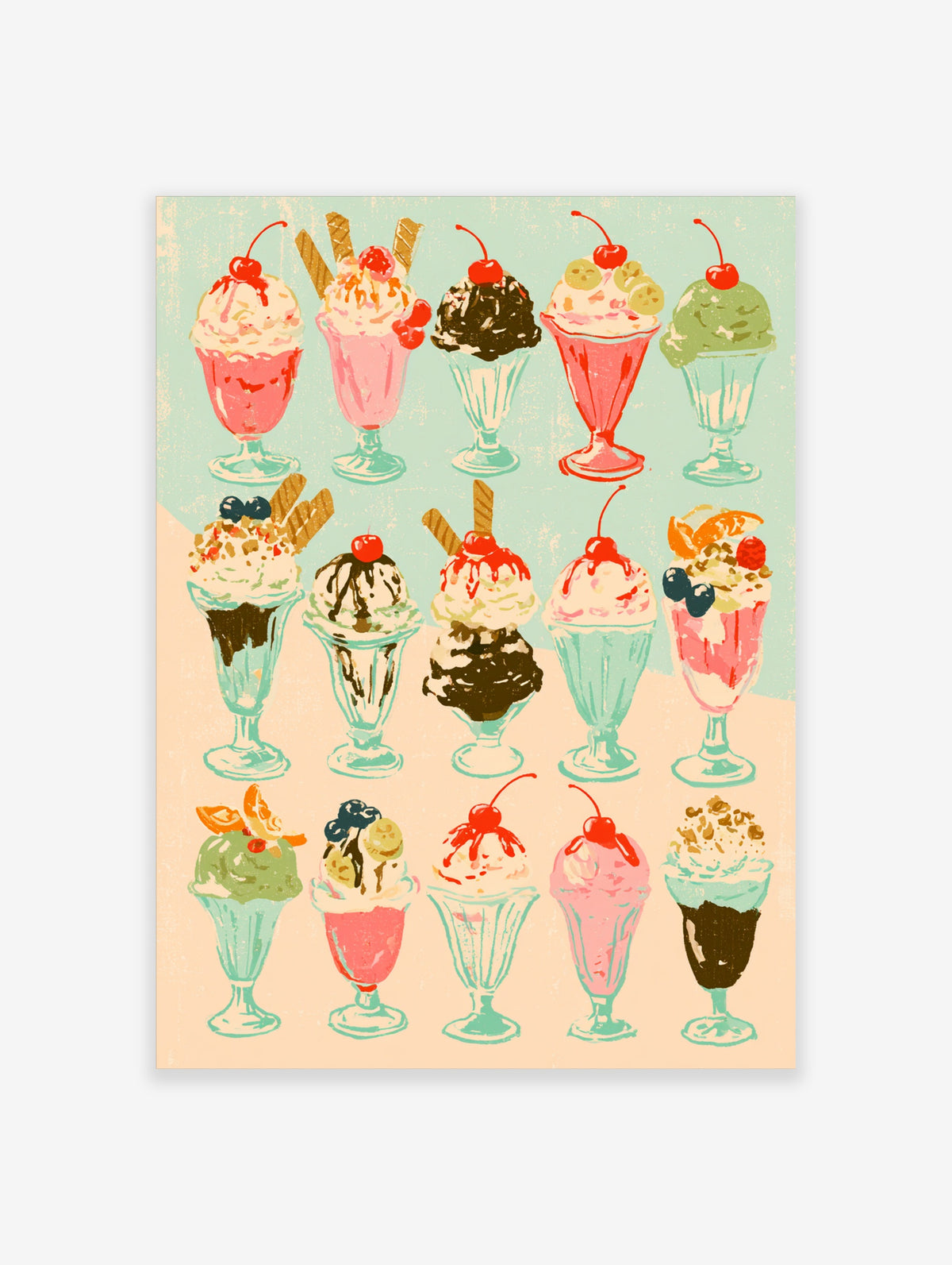 Retro ice cream poster with fifteen sundaes, cherries, and wafers on mint and cream background
