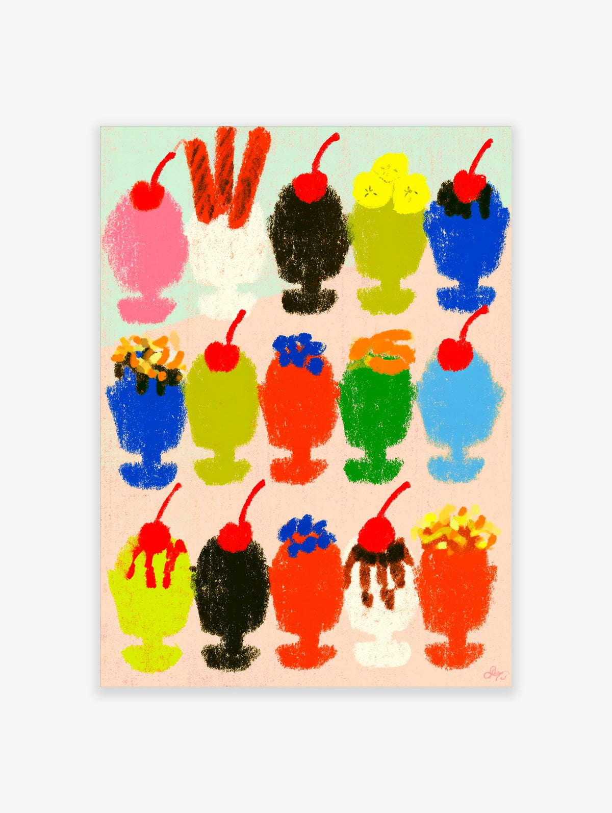 Retro ice cream sundae poster with fifteen colourful dessert glasses, cherries and bananas on pink background