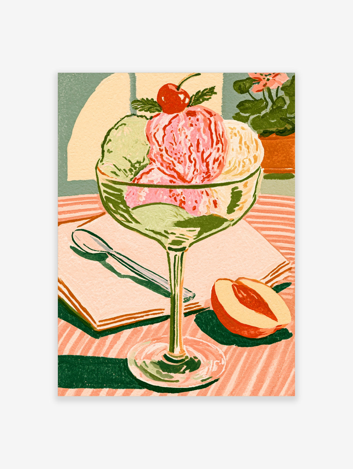 Retro ice cream sundae poster with pink, green and cream scoops, cherry, peach half and spoon on striped tablecloth