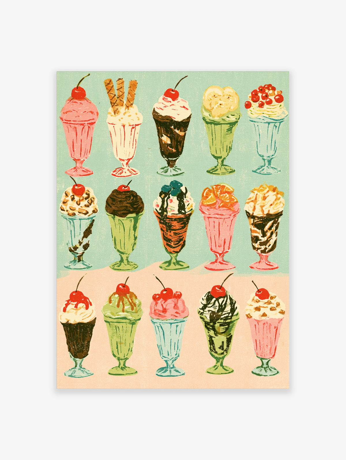 Retro ice cream sundae poster with fifteen colourful desserts in glass dishes, cherries, and wafers