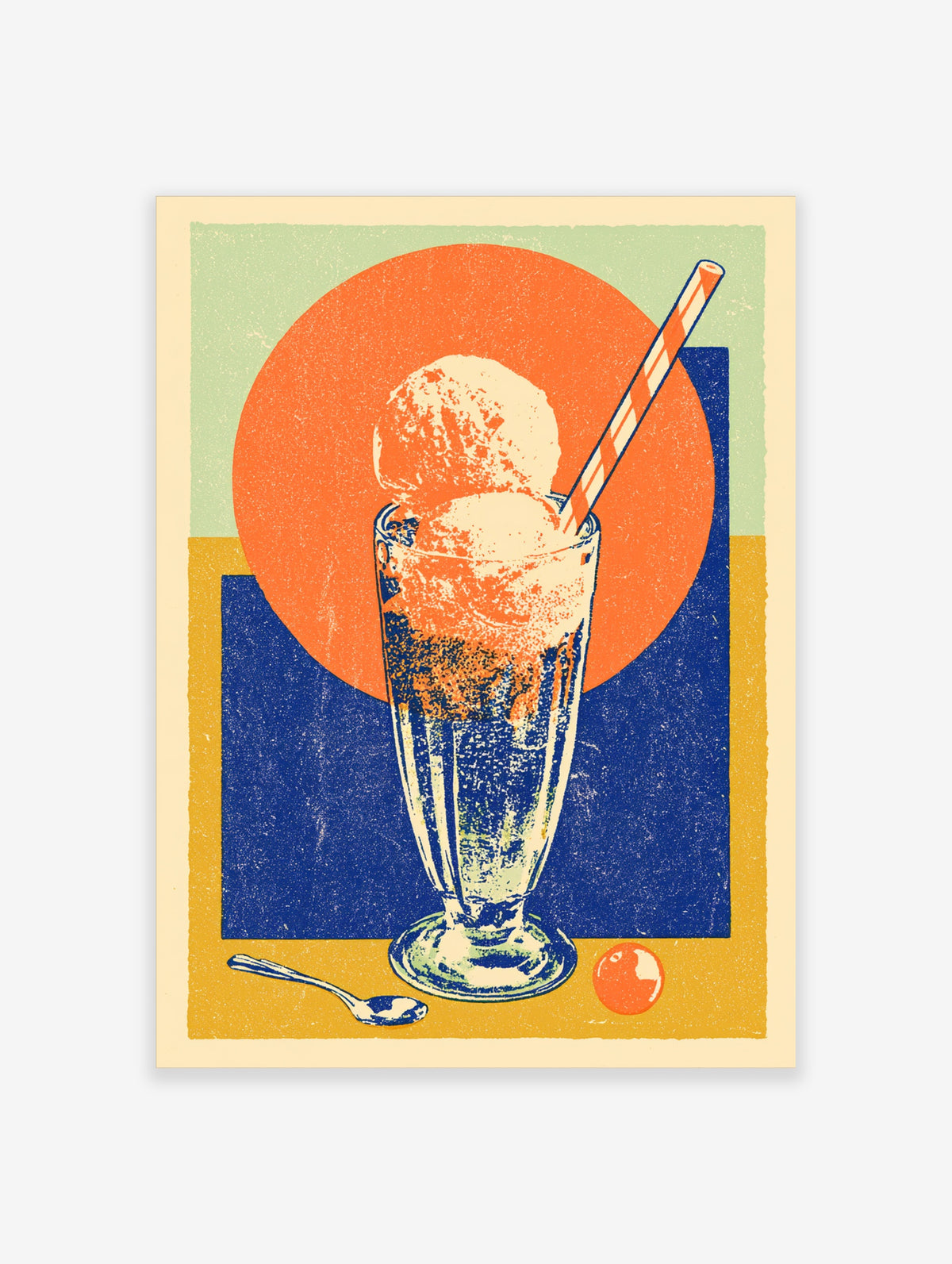 Retro ice cream sundae poster with tall glass, two scoops, striped straw, spoon, orange circle and blue rectangle