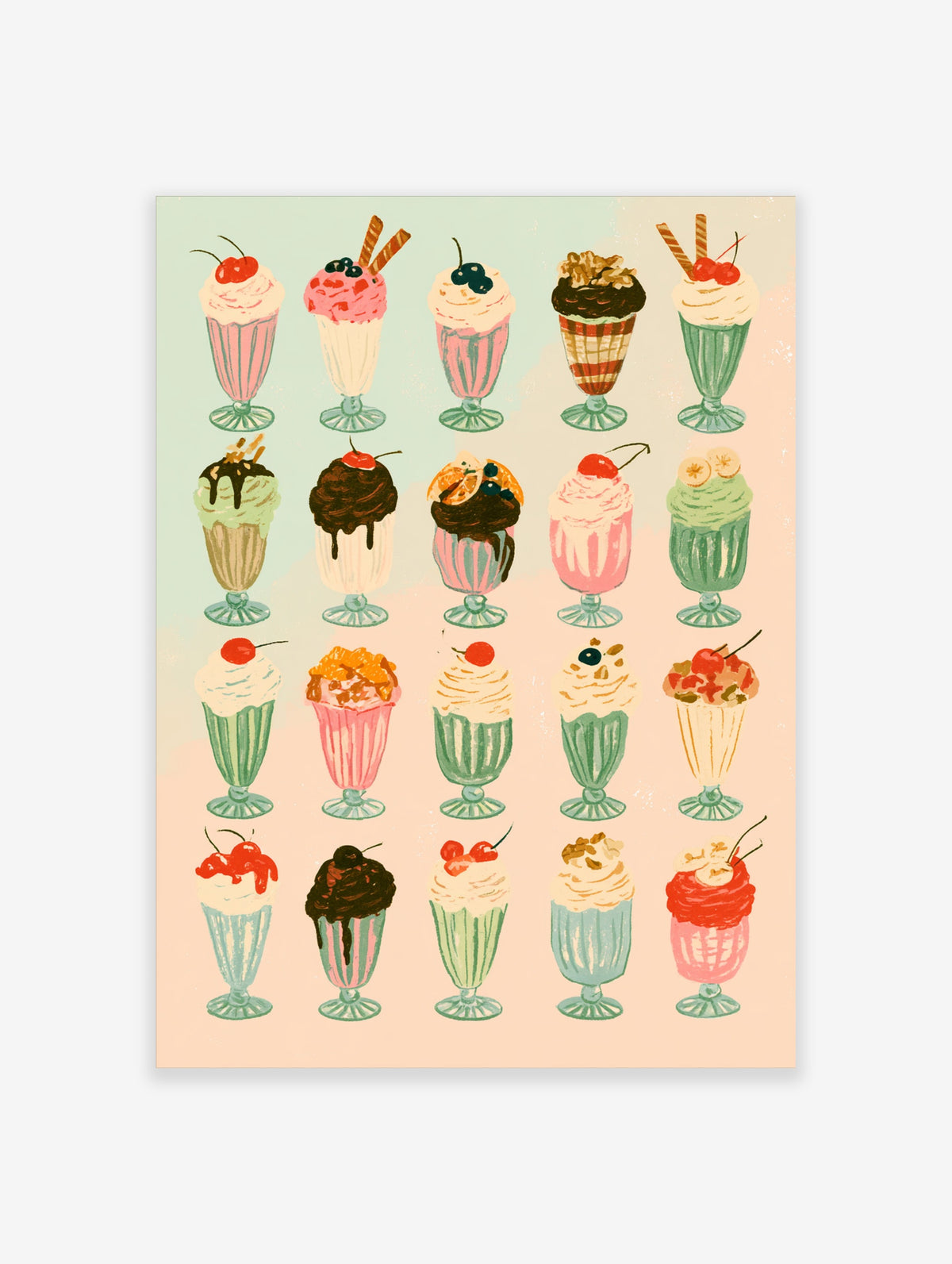 Retro ice cream sundae poster with fifteen colourful milkshakes and desserts in glass tumblers on a pastel background