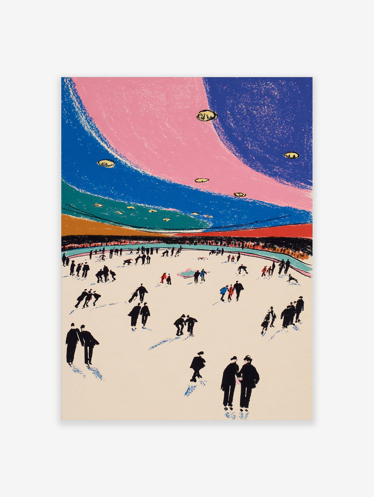 Retro ice skating poster with silhouetted skaters on a pale rink under a pink and blue sky with flying saucers