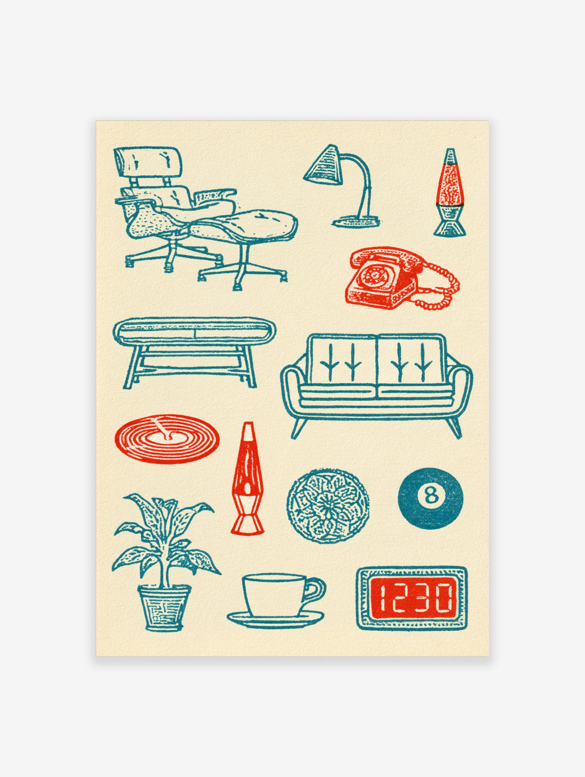 Retro interior icons poster with lounge chair, sofa, lava lamp, rotary phone, and clock in teal and red
