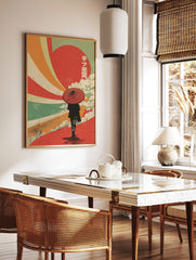 Retro Japanese wall art with person holding red umbrella, red sun, colourful rays, clouds, and, in a styled room mockup