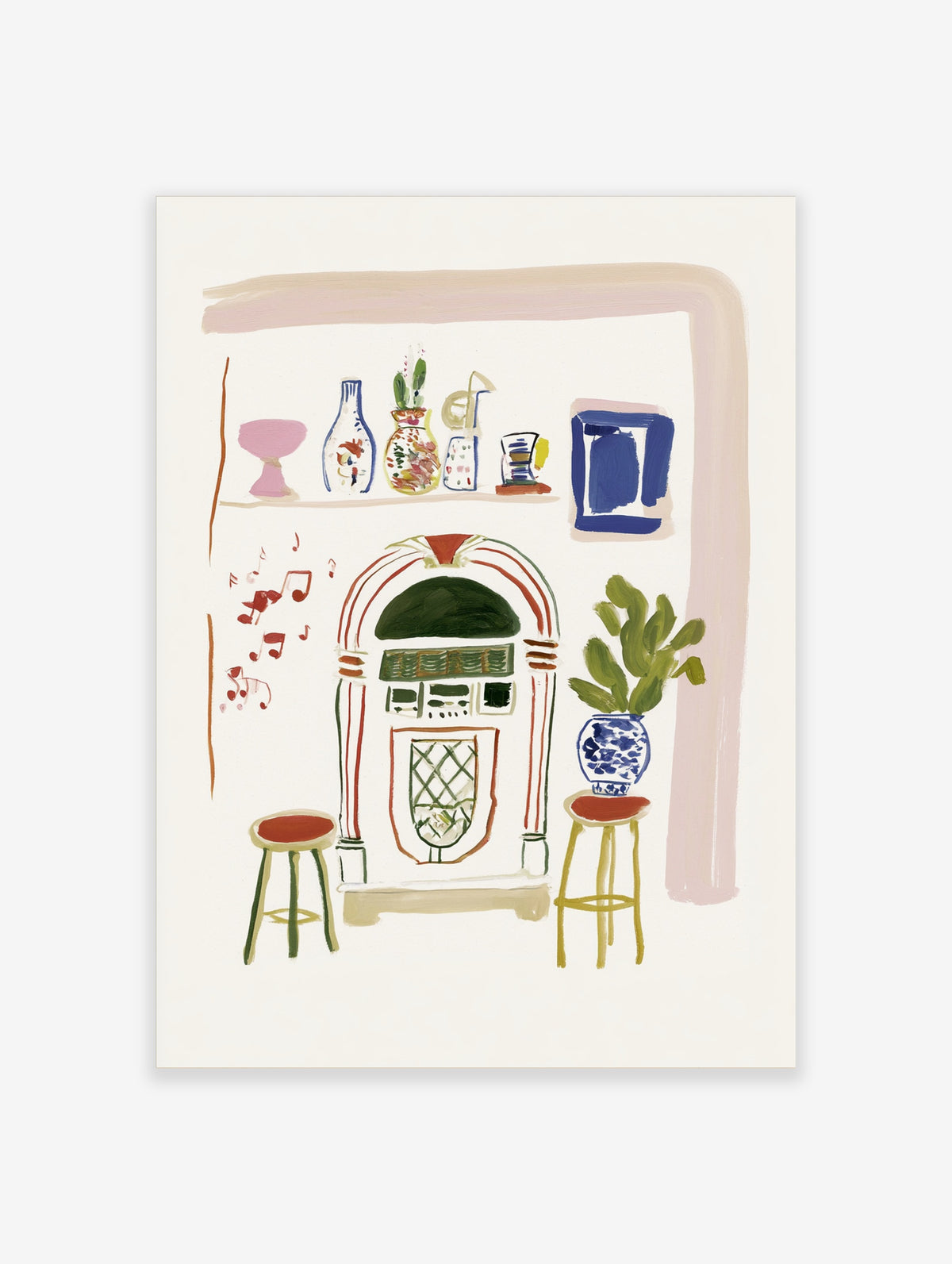 Retro jukebox art print with musical notes, cactus in blue vase, and two stools on cream background