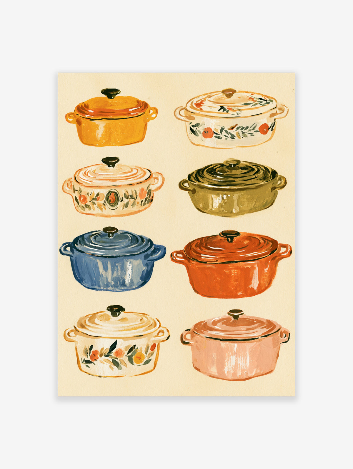 Retro kitchen poster of eight hand-painted enamel casserole dishes with lids and floral motifs on a cream background