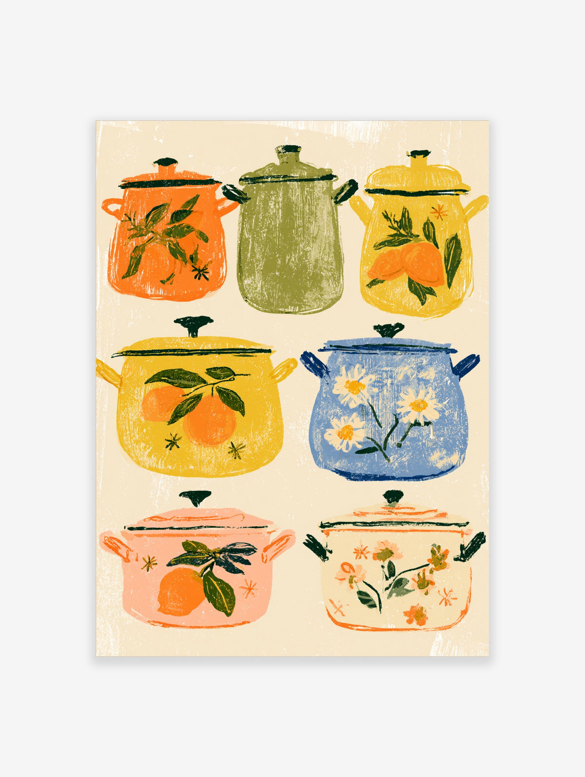 Colourful retro kitchen poster with six illustrated enamel pots decorated with citrus and floral motifs