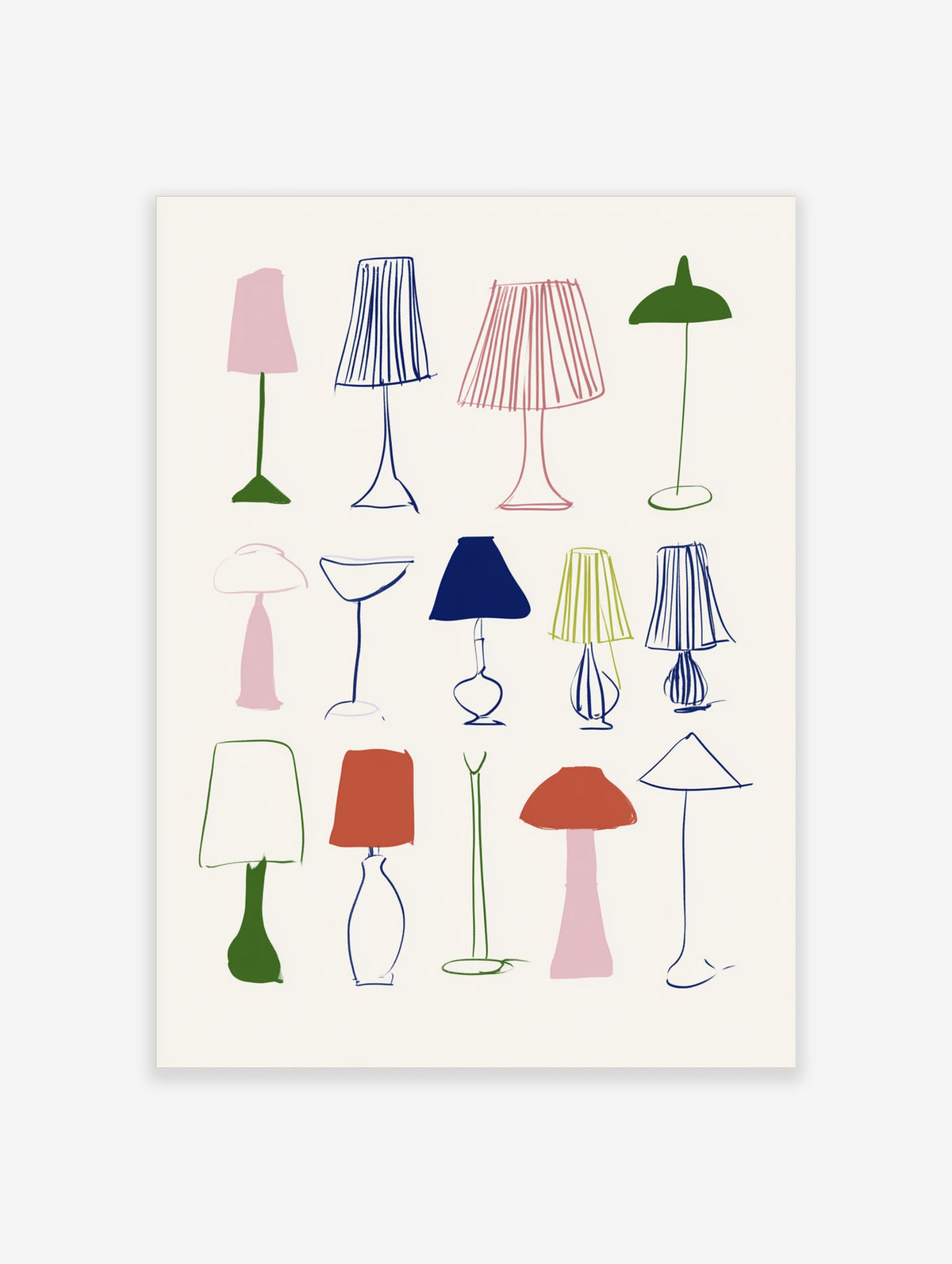Retro lamp wall art print with thirteen hand-drawn mid century lighting designs in pink, green, blue and red on cream