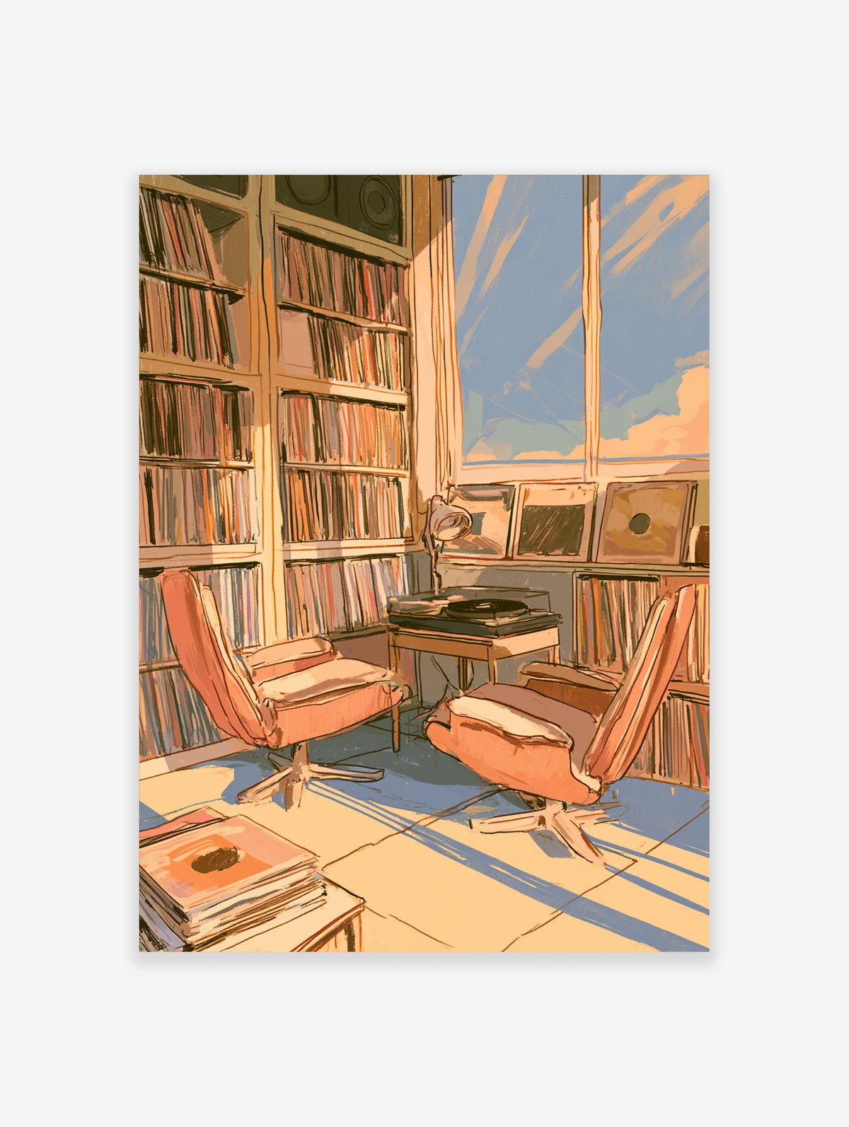 Retro listening room poster with pink swivel chairs, turntable, and vinyl record shelves in a sunlit corner