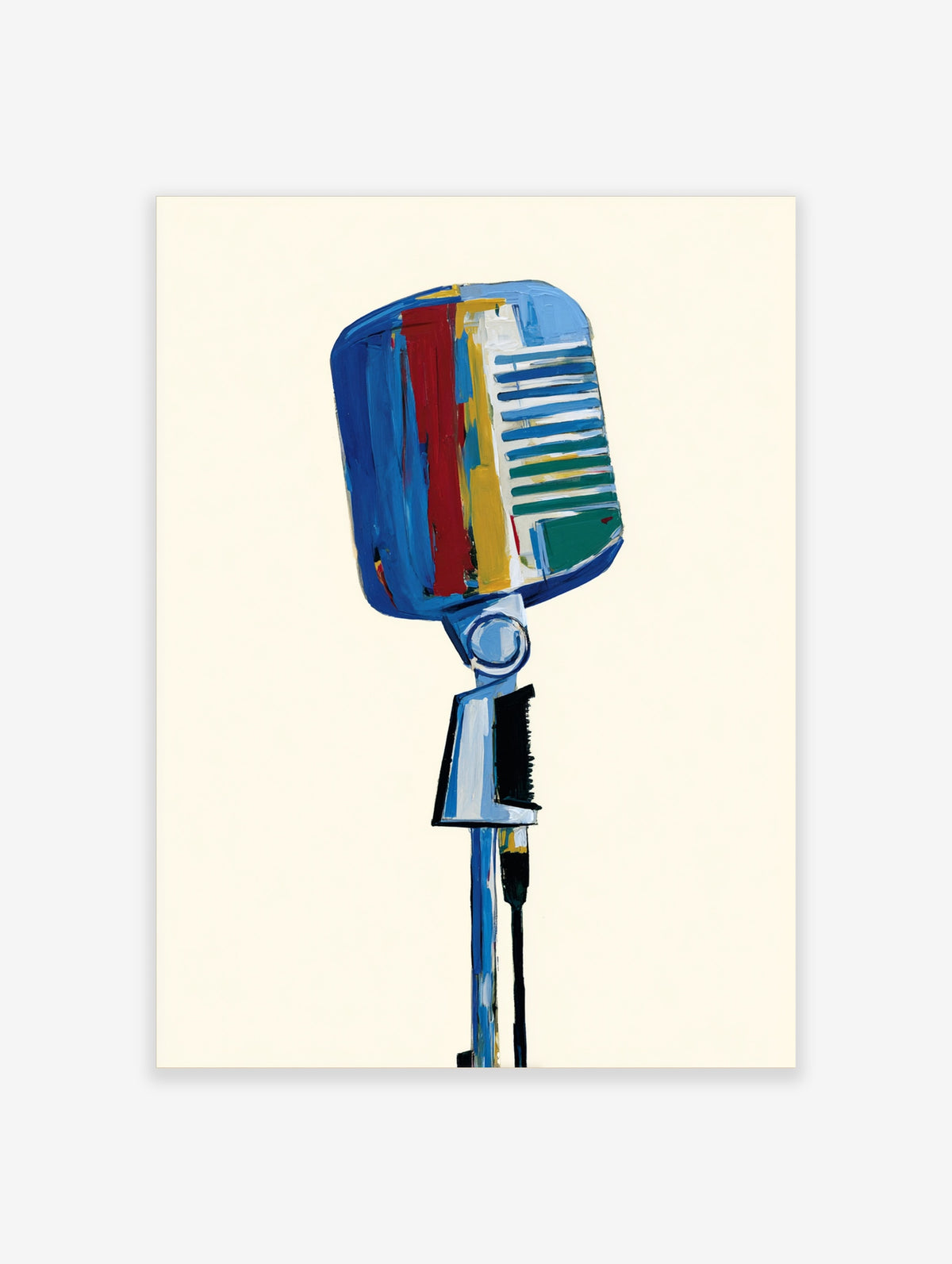 Retro microphone poster with blue, red, and yellow brushstrokes on a plain background