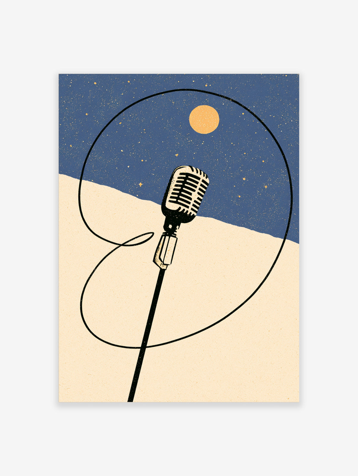 Retro microphone poster with looping cable, crescent moon and starry night sky in navy and cream