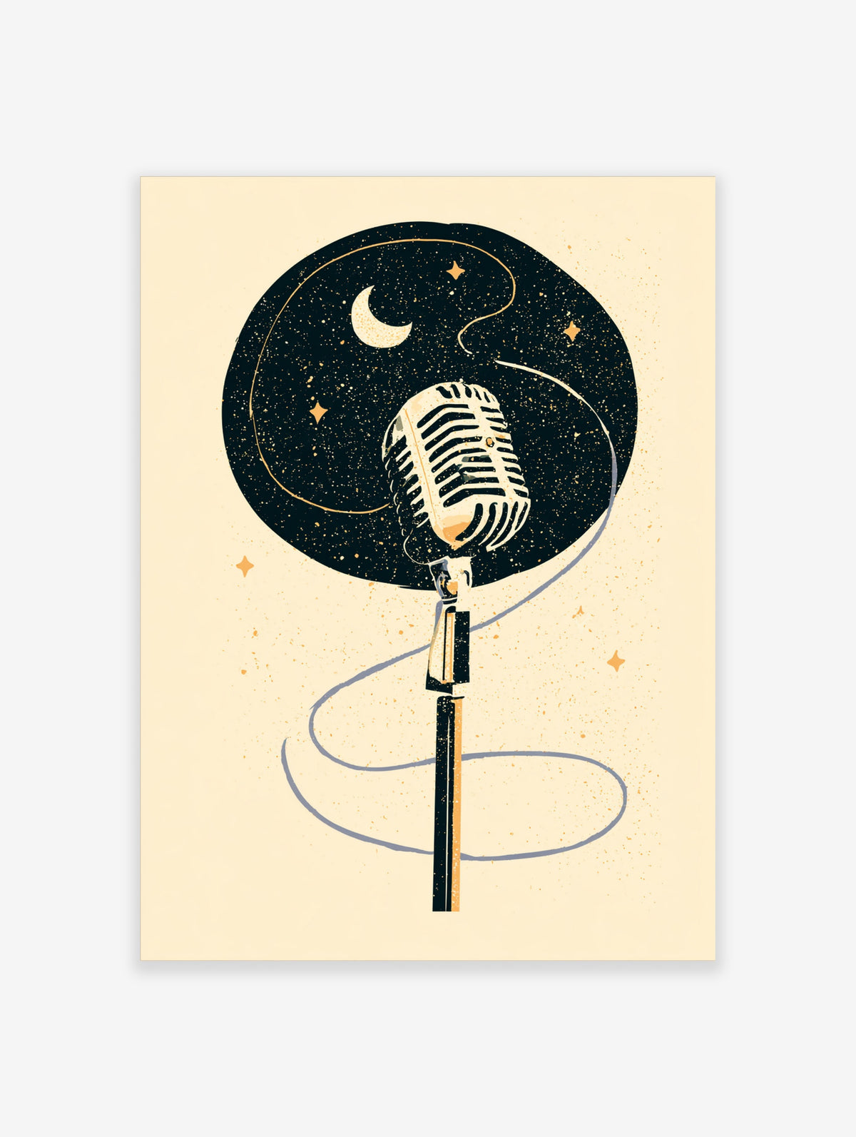 Retro microphone poster with vintage mic, crescent moon, stars, and looping cable on dark circular background