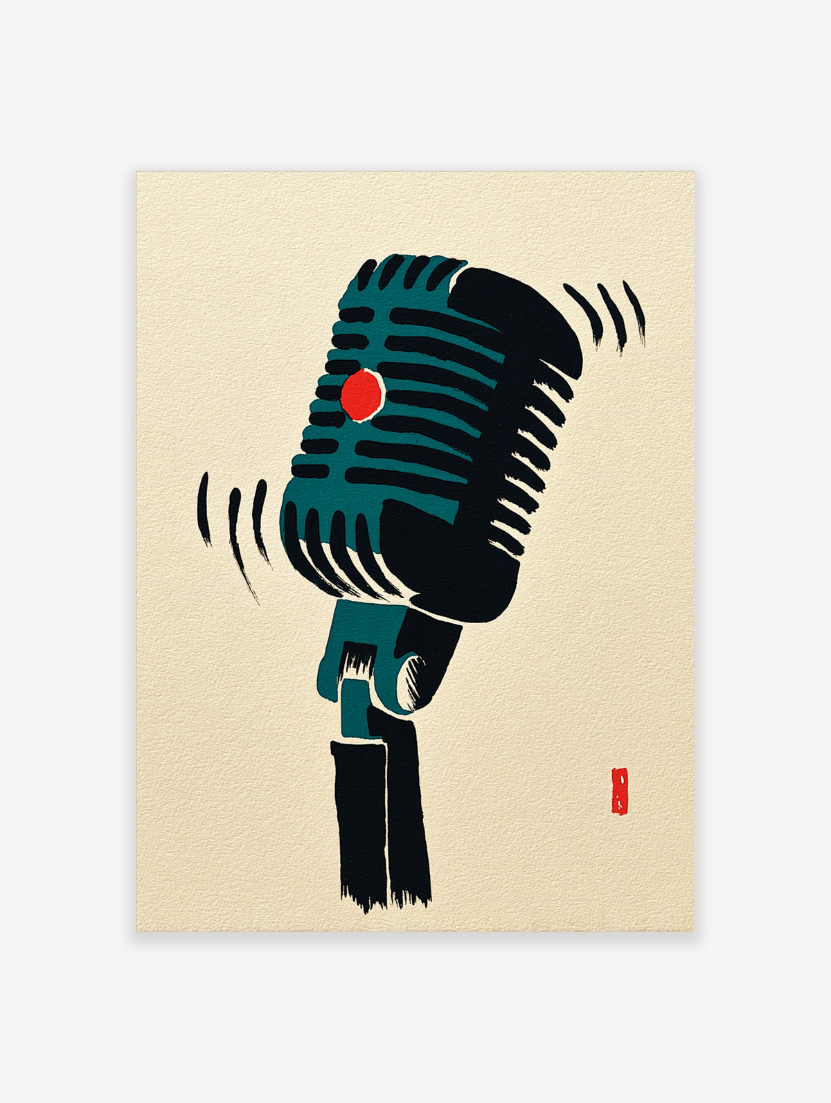 Retro microphone poster with teal and black vintage mic, red centre dot, and sound wave lines on cream background