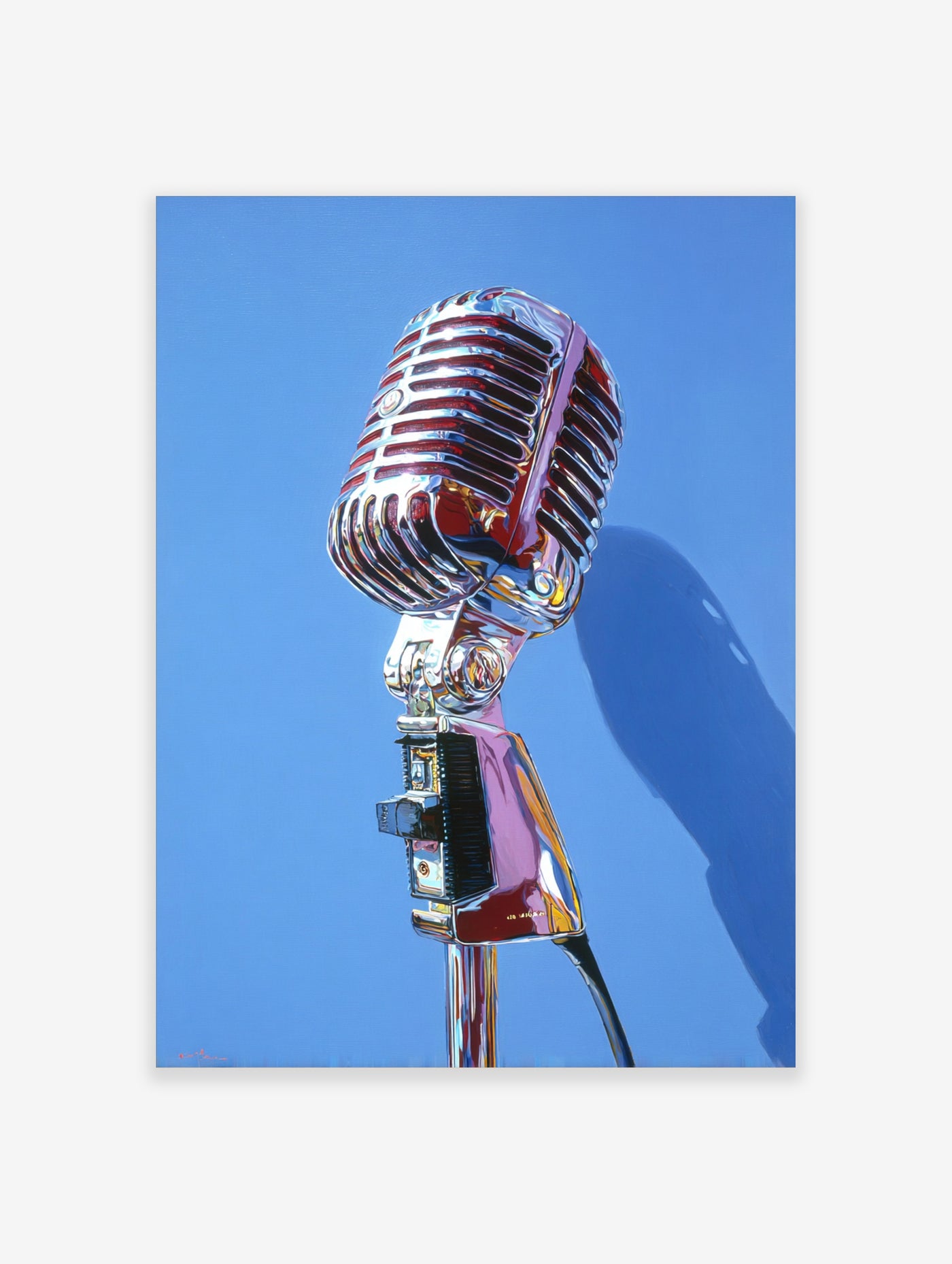 Vintage chrome microphone with ribbed grille on blue background, cast shadow, retro wall art print