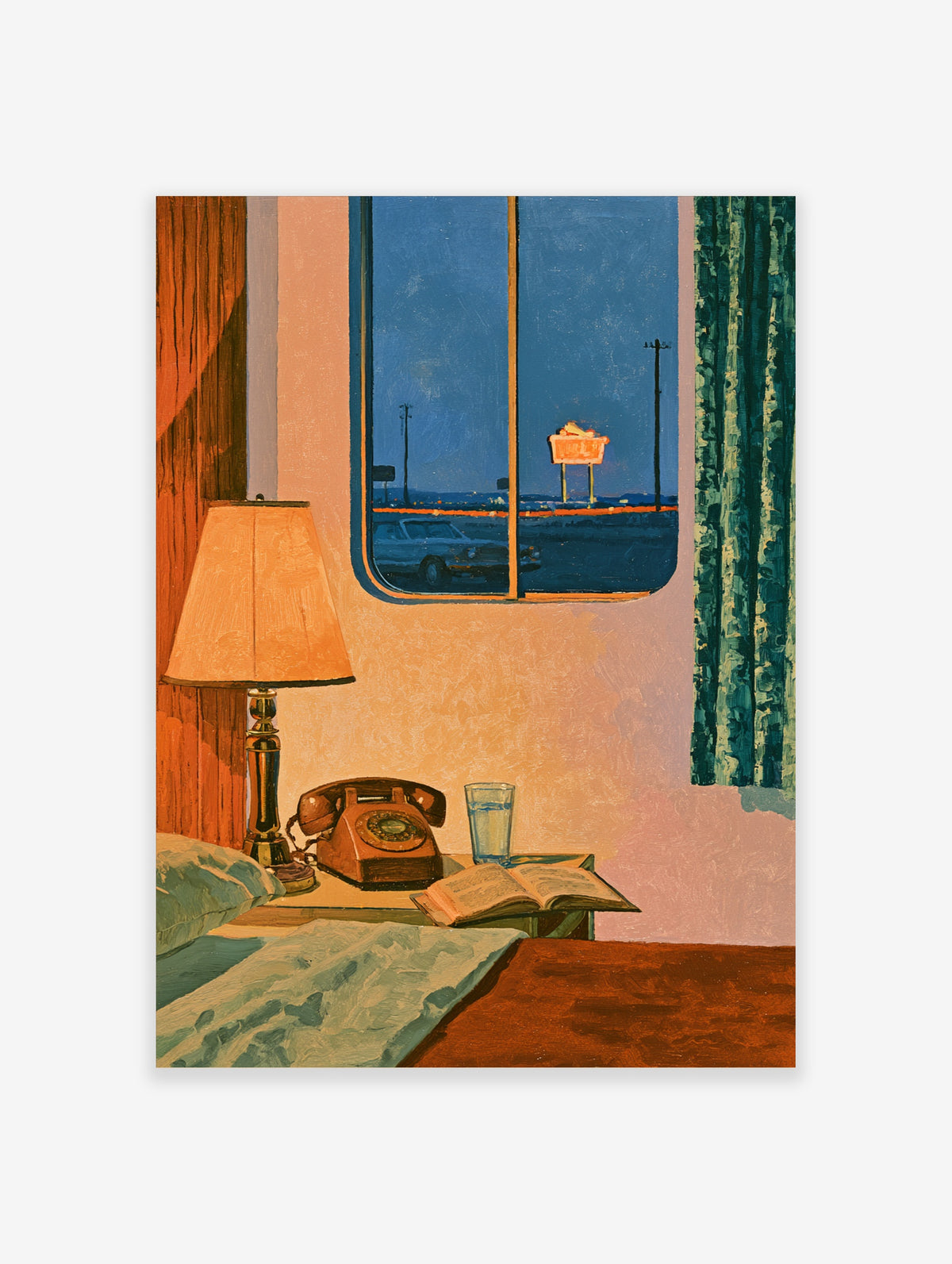 Retro motel room print with rotary phone, lamp, open book, and neon sign seen through a window at night