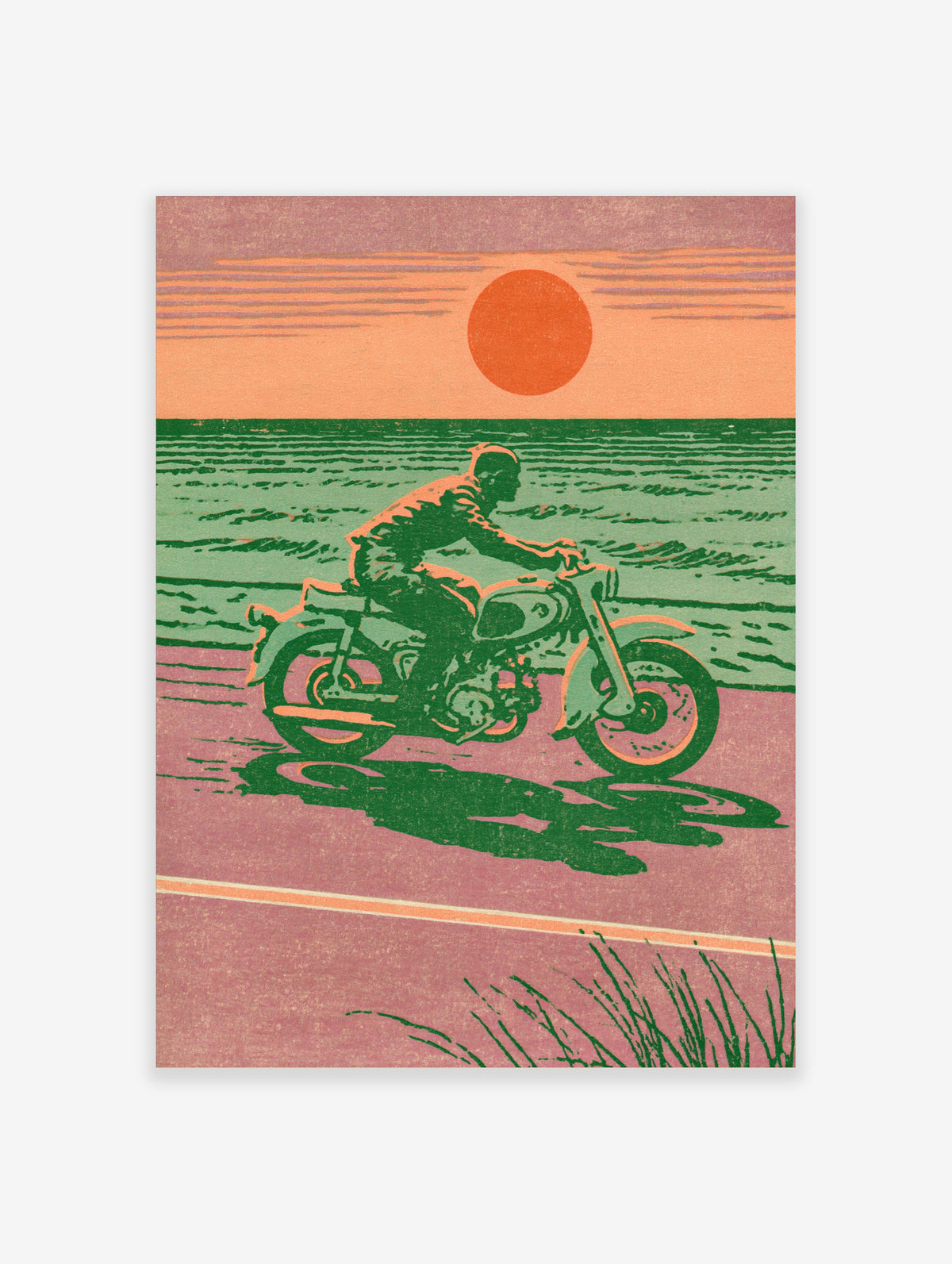 Retro poster of motorcyclist on coastal road at sunset with orange sun and green sea
