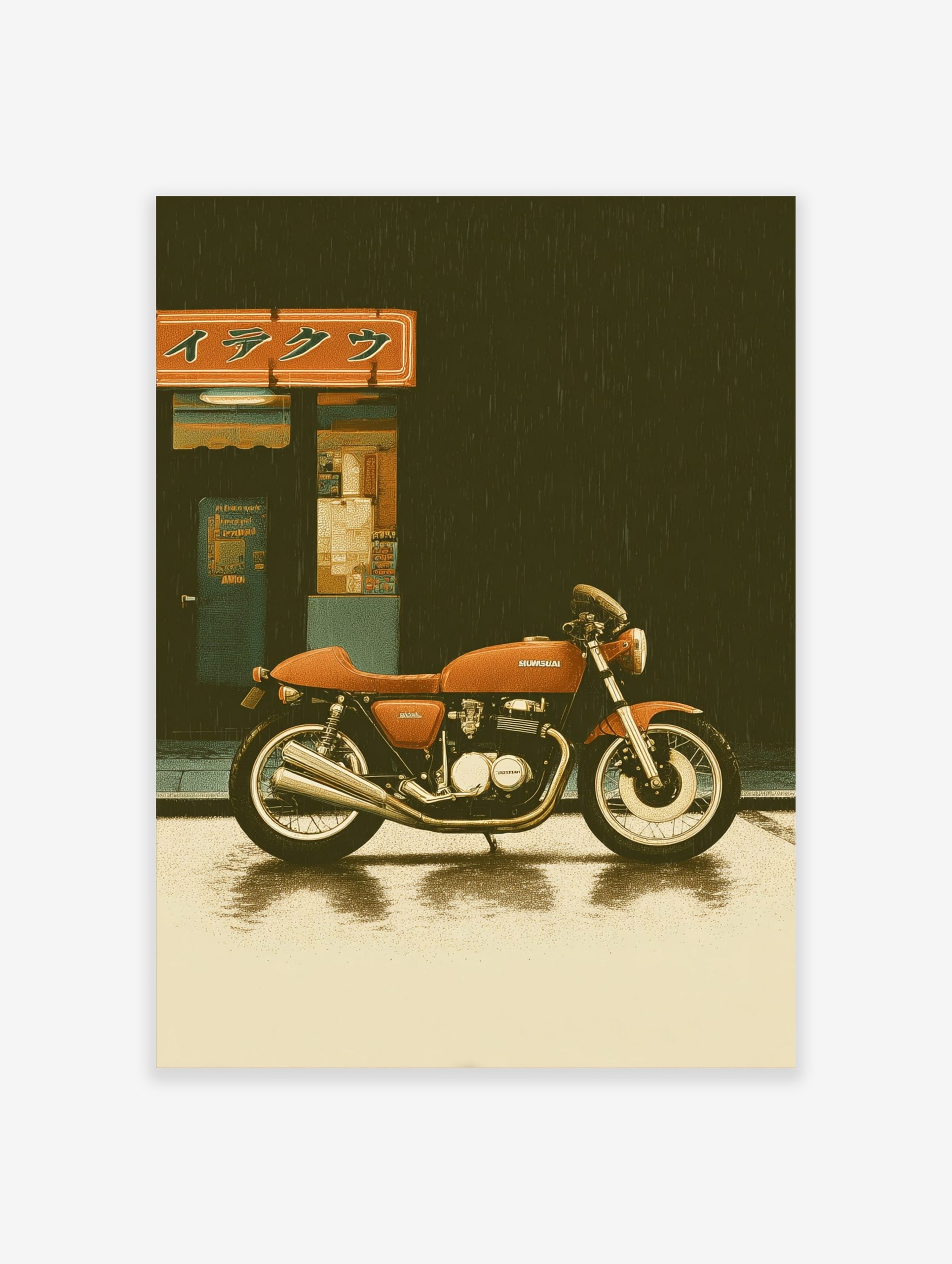 Retro orange motorcycle parked on wet Japanese city street with building and sign in rain