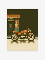Retro orange motorcycle parked on wet Japanese city street with building and sign in rain