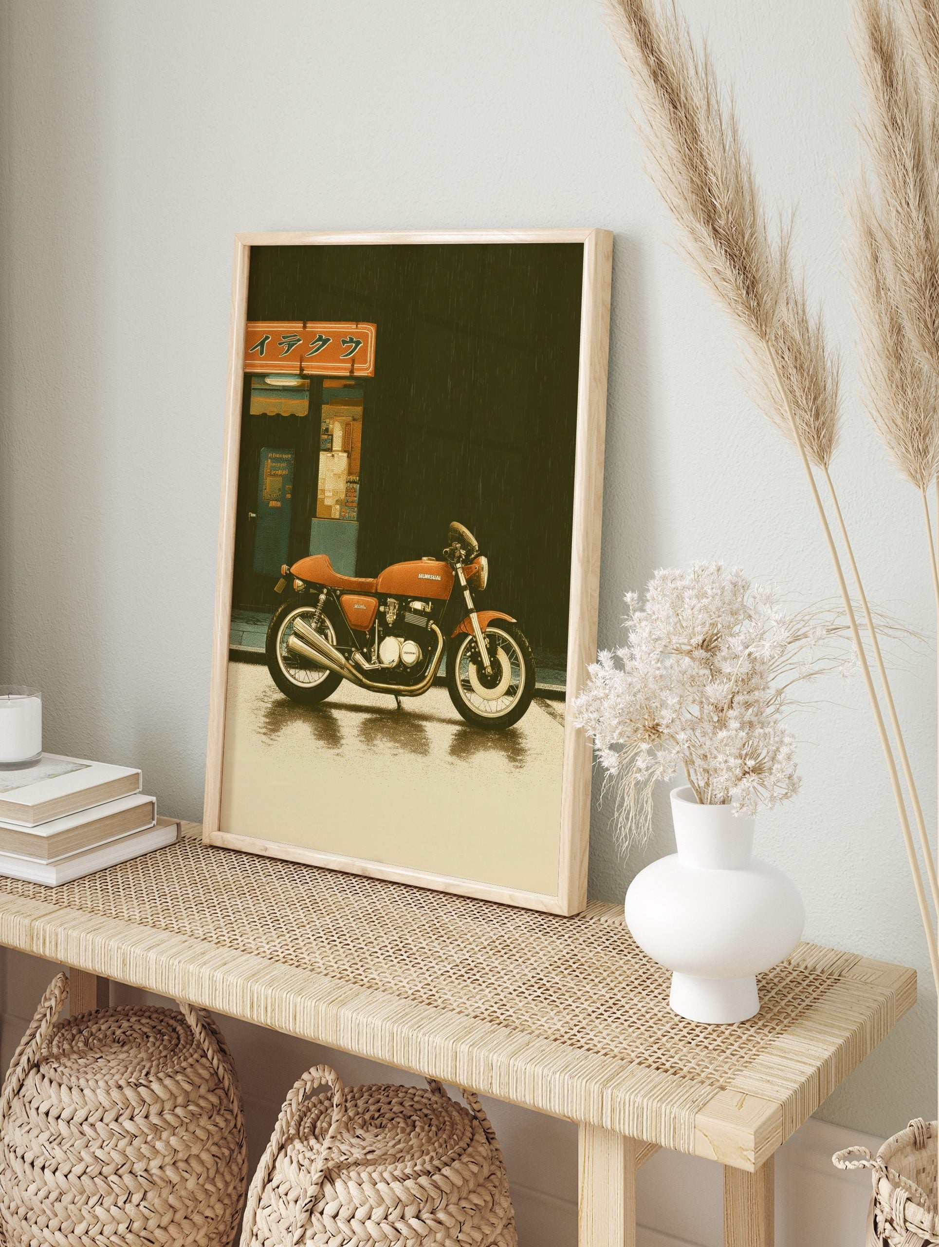 Retro orange motorcycle parked on wet Japanese city street with building and sign in rain, in an alternate framed mockup