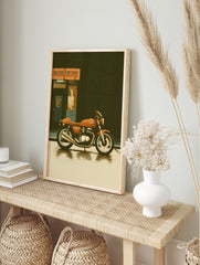 Retro orange motorcycle parked on wet Japanese city street with building and sign in rain, in an alternate framed mockup