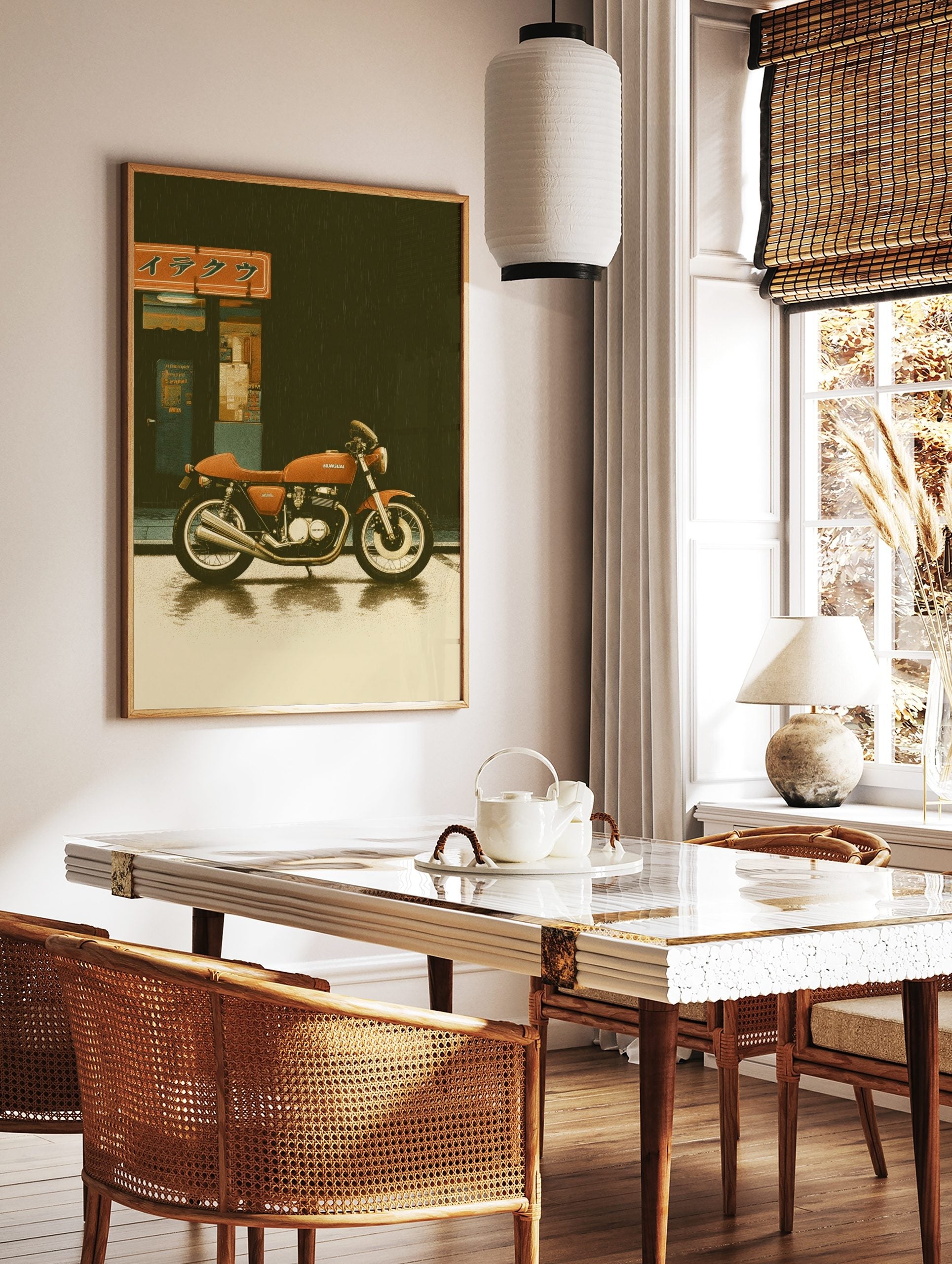 Retro orange motorcycle parked on wet Japanese city street with building and sign in rain, in a styled room mockup