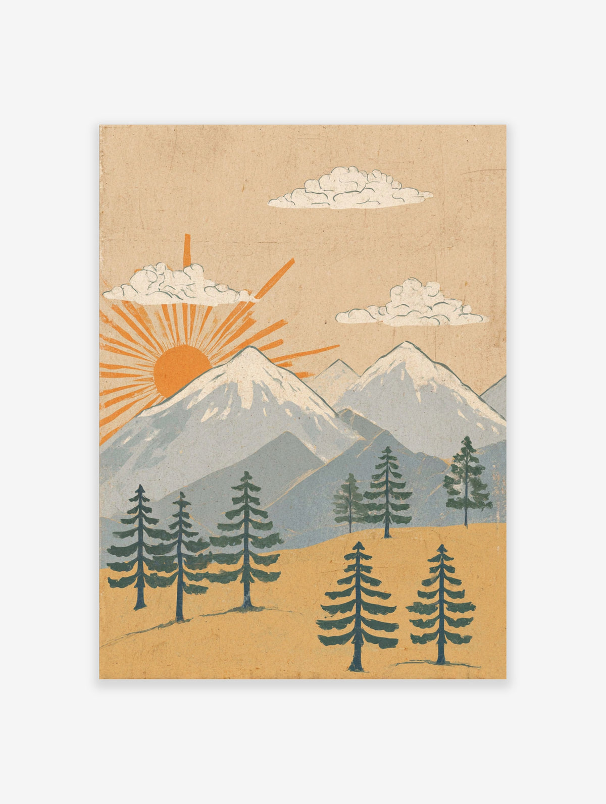 Retro mountain sunrise poster with orange sun rays, snowy peaks, pine trees, and clouds on beige