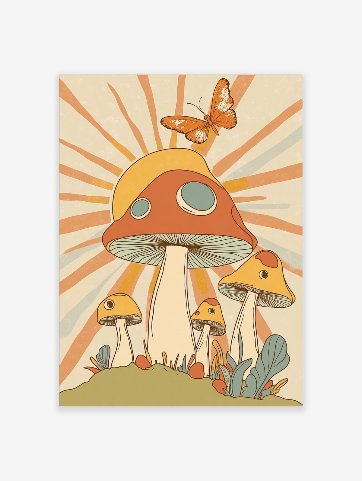 Retro illustrative art print of a large orange and yellow mushroom with smaller fungi, a butterfly, and sun rays