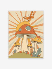 Retro illustrative art print of a large orange and yellow mushroom with smaller fungi, a butterfly, and sun rays