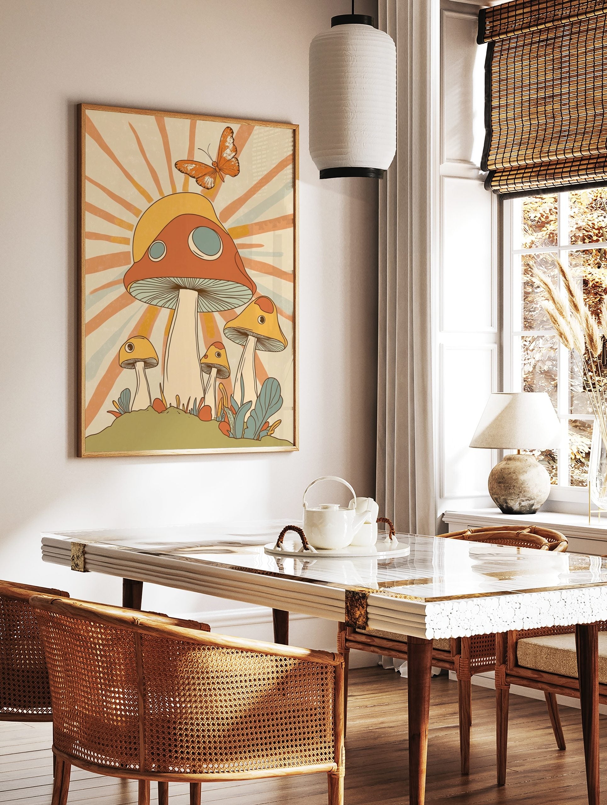 Retro illustrative art print of a large orange and yellow mushroom with smaller fungi, a butterfly, in a styled room mockup