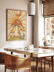 Retro illustrative art print of a large orange and yellow mushroom with smaller fungi, a butterfly, in a styled room mockup