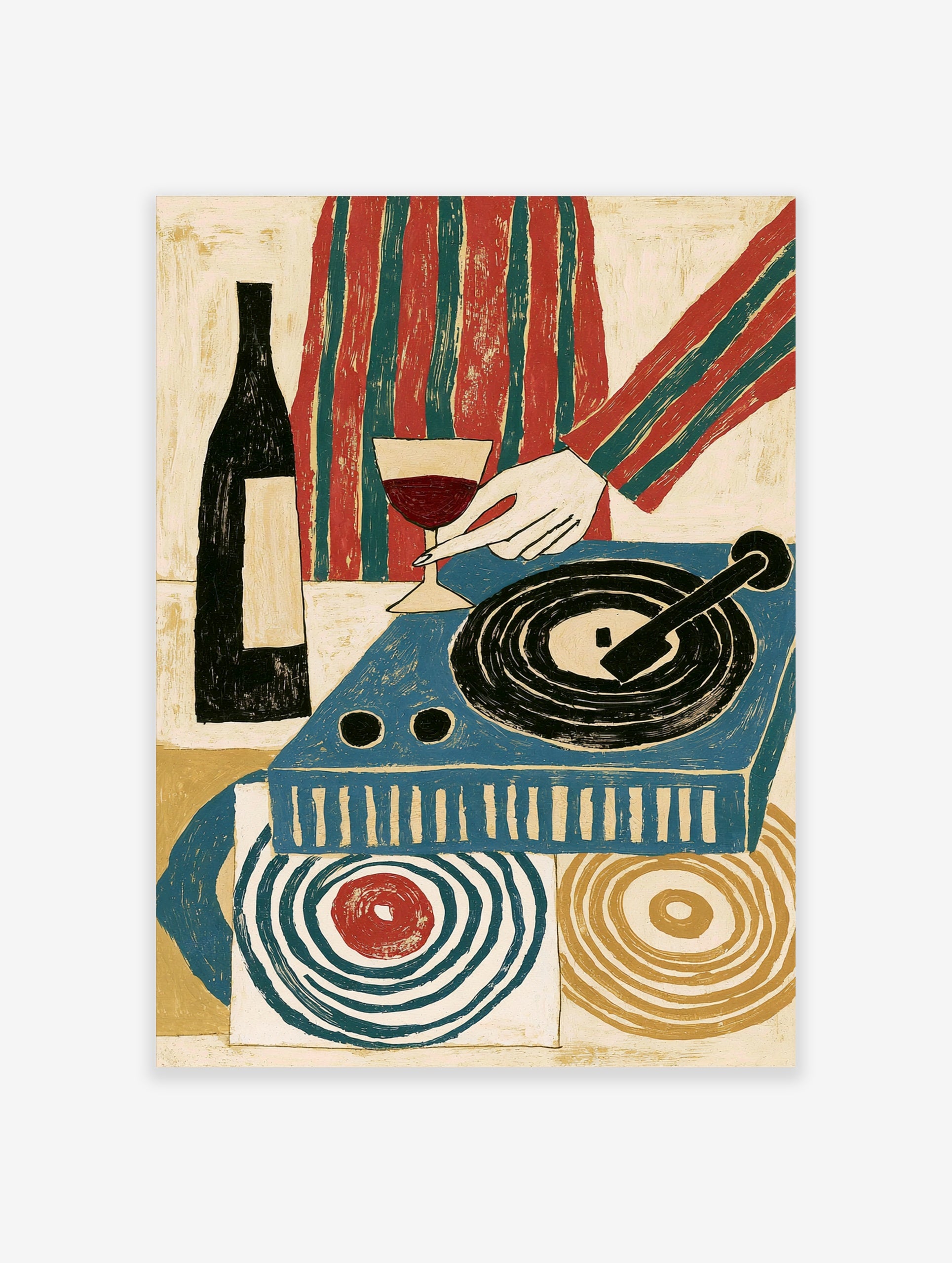 Retro illustrative print of a wine glass, bottle, and blue record player with abstract circular background motifs