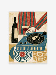 Retro illustrative print of a wine glass, bottle, and blue record player with abstract circular background motifs