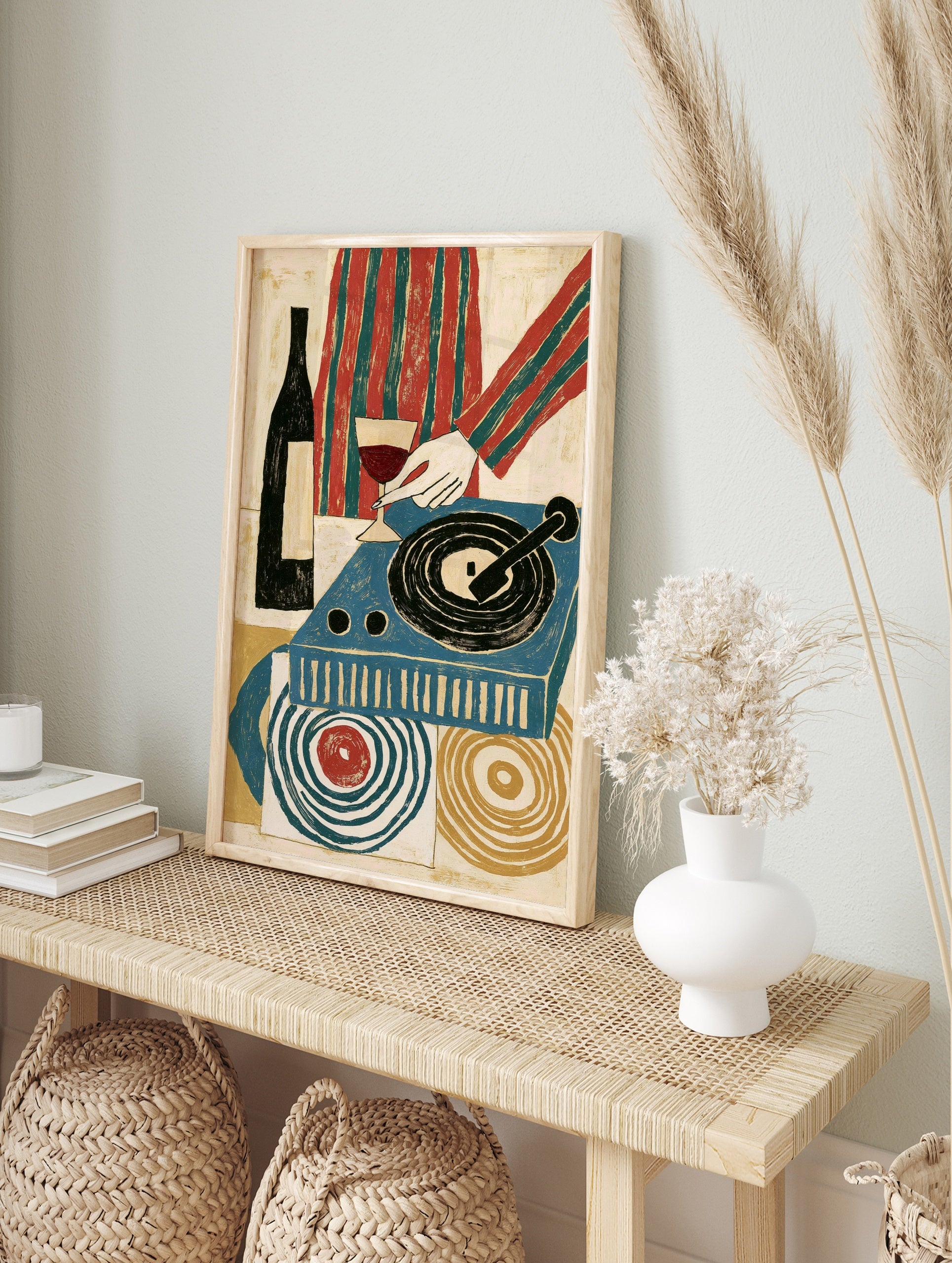 Retro illustrative print of a wine glass, bottle, and blue record player with abstract, in an alternate framed mockup