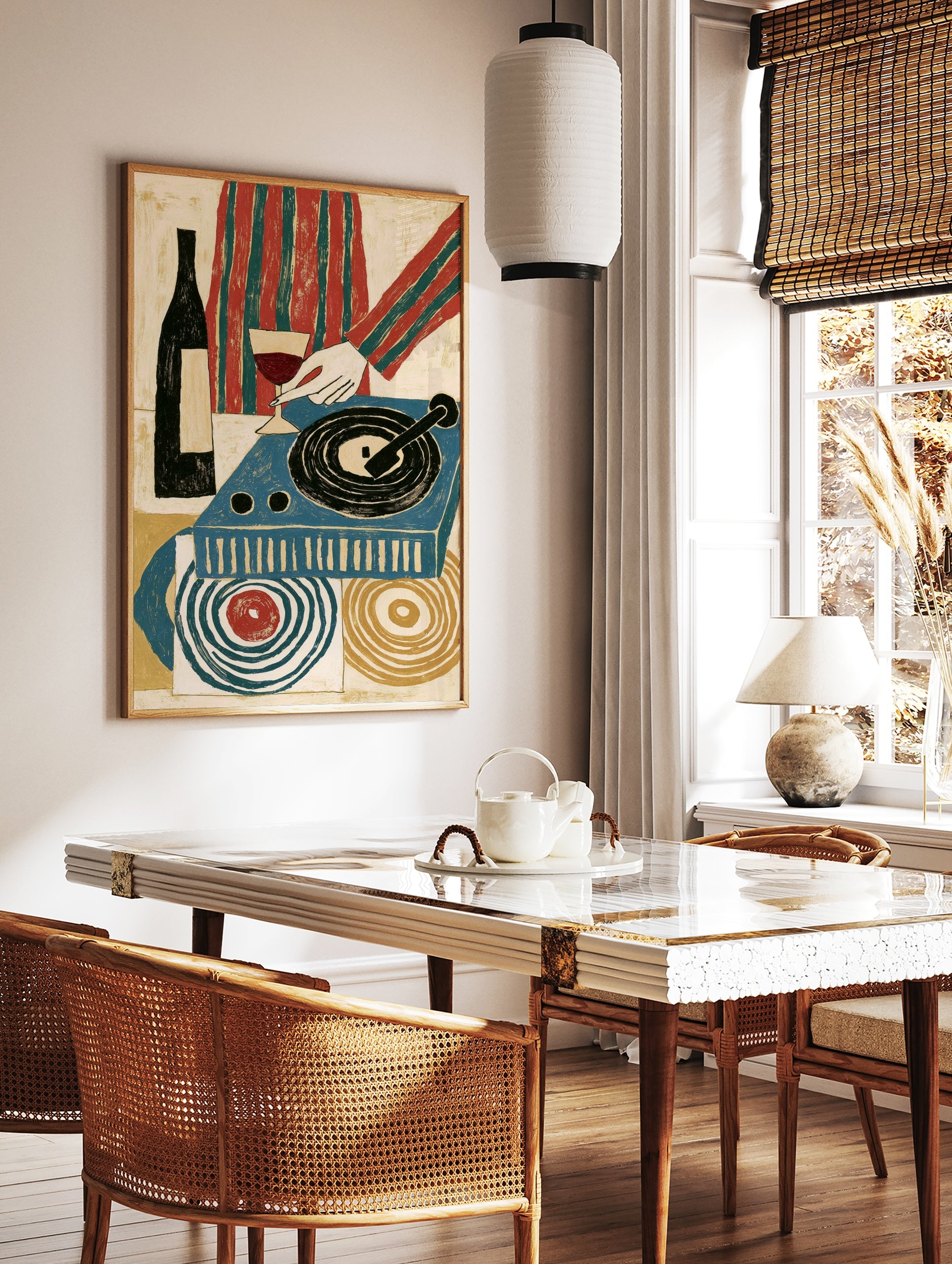 Retro illustrative print of a wine glass, bottle, and blue record player with abstract circular, in a styled room mockup