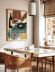Retro illustrative print of a wine glass, bottle, and blue record player with abstract circular, in a styled room mockup