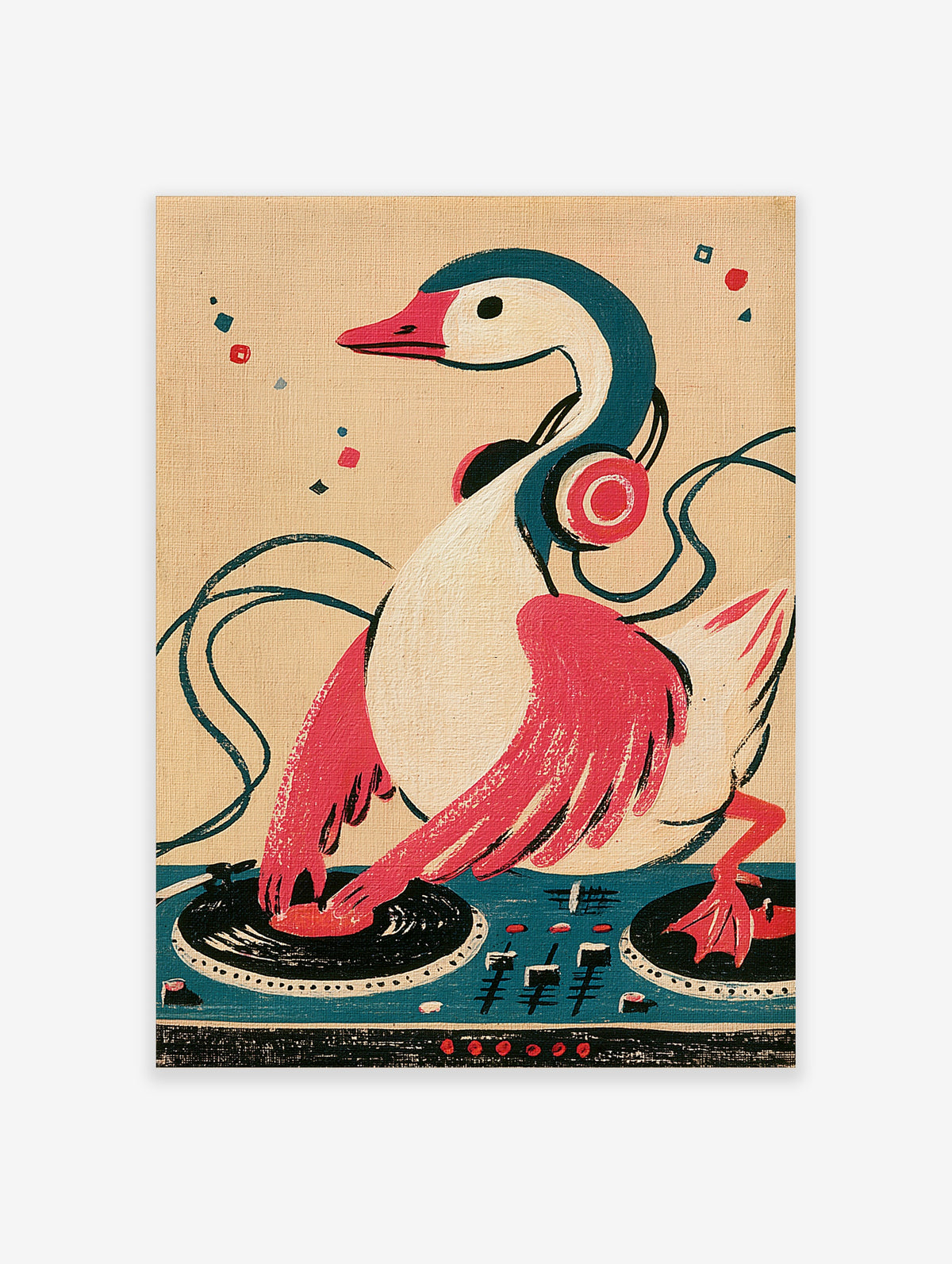 Retro duck DJ poster with headphones and vinyl records on a cream background